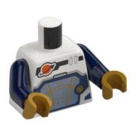 Деталь LEGO Torso, Space Suit, Dark Blue/Sand Blue Panel, Gold Lines, Classic Space Logo, Dark Blue Arms, Pearl Gold Hands, Белый