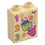 Деталь LEGO Duplo Brick 1 x 2 x 2 with '1 2 3', Fruit, Drink print, Песочный