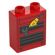 Деталь LEGO Duplo Brick 1 x 2 x 2 with Tool Chest, Drill, Wrench print, Красный