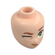 Деталь LEGO Minidoll Head, Dark Orange Eyebrows, Freckles, Olive Green Eyes, Lopsided Open Mouth, Светлый телесный