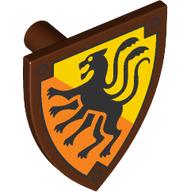 Деталь LEGO Minifig Shield Triangular with Black Displacer Beast on Bright Light Orange Background Print, Красно-коричневый