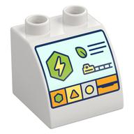 Деталь LEGO Duplo Brick 2 x 2 x 1 1/2 with Control Screen, Lightning Bolt, Leave, train, Shapes print, Белый