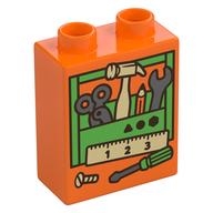 Деталь LEGO Duplo Brick 1 x 2 x 2 with Bright Green Toolbox, Tools print, Оранжевый