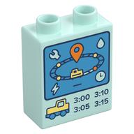 Деталь LEGO Duplo Brick 1 x 2 x 2 with Control Screen, Train Track, Times print, Светлый морской волны