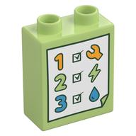 Деталь LEGO Duplo Brick 1 x 2 x 2 with Check List, 1, 2, 3, Wrench, Lightning Bolt, Droplet print, Желто-зеленый