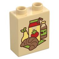 Деталь LEGO Duplo Brick 1 x 2 x 2 with Croissants, Pear, Juice Box, Bottle print, Песочный