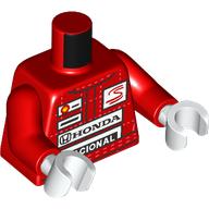 Деталь LEGO Torso, Racing Suit, White Stitching, Shell, Honda, Nacional, Senna Logos print, Red Arms, White Hands, Красный