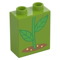 Деталь LEGO Duplo Brick 1 x 2 x 2 with Green Stem, Ground print, Лайм