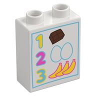 Деталь LEGO Duplo Brick 1 x 2 x 2 with '1 2 3', Groceries print, Белый