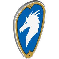 Деталь LEGO Minifig Shield Ovoid with White Dragon (Bahamut) on Blue Field, Gold Border print, Светлый сине-серый