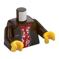 Деталь LEGO Torso, Jacket, Name Tag, Red Shirt with White Flowers print, Dark Brown Arms, Yellow Hands, Темно-коричневый