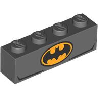 Деталь LEGO Brick 1 x 4 with Bright Light Orange/Black Batman Logo on One Side, Black Bat, Muscles on Other Side print, Темный сине-серый