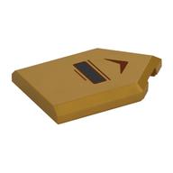 Деталь LEGO Tile Special 2 x 3 Pentagonal with Black Rectangle, Dark Red Arrow print, Жемчужно-золотой
