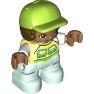 Деталь LEGO Duplo Figure Child with Hair and Cap Lime, Light Aqua Legs, Bright Light Yellow Shirt Print, Ярко-светло-желтый