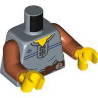 Деталь LEGO Torso, Tunic, Tan laces, Reddish Brown Belt, Dark Brown Pouch print, Dark Orange Arms, Yellow Hands, Песочно-синий