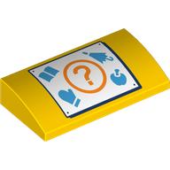 Деталь LEGO Slope Brick Curved 2 x 4 x 2/3 No Studs with White Square, Medium Blue Book, Glove, Umbrella, Apple, Orange Question Mark in Circle print, Желтый
