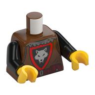 Деталь LEGO Torso, Silver Wolf on Black Shiels, Red Border print (Wolfpack), Black Arms, Yellow Hands, Красно-коричневый