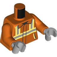 Деталь LEGO Torso, Safety Vest, Silver/Yellowish Green Stripes, Dark Bluish Grey Dungarees print, Reddish Orange Arms, Light Bluish Gray Hands, Красно-оранжевый
