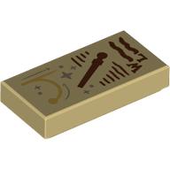 Деталь LEGO Tile 1 x 2 with Dark brown Wand, Scribbles, 'W', 'L', Silver Stars print, Песочный
