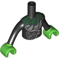 Деталь LEGO Minidoll Torso with Black Dress, Silver Trim, Decorations, Green Chest print, Black Arms, Bright Green Hands, Черный