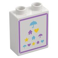 Деталь LEGO Duplo Brick 1 x 2 x 2 with Medium Lavender Border, Medium Azure/Lavender/Yellow Umbrellas, Houses, Hearts, Stars print, Белый
