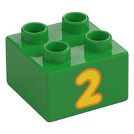 Деталь LEGO Duplo Brick 2 x 2 with Yellow '2' Print, Ярко-зеленый