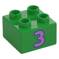 Деталь LEGO Duplo Brick 2 x 2 with Lavender '3' Print, Ярко-зеленый