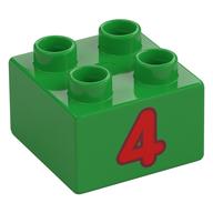 Деталь LEGO Duplo Brick 2 x 2 with Red '4' Print, Ярко-зеленый