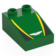 Деталь LEGO Duplo Brick 3 x 2 Slope 33° with Black and Yellow Panels, Aston Martin Winged Logo print, Зеленый