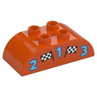 Деталь LEGO Duplo Brick 2 x 4 Curved Top with 2 Checkered Flags and '1', '2', and '3' print, Красно-оранжевый