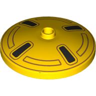 Деталь LEGO Dish 4 x 4 with Wheel Rim, 4 Black Spokes print, Желтый