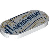 Tile Round 2 x 4 with Dark Blue 'HABERDASHERY', Gold Decorations print