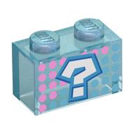 Деталь LEGO Brick 1 x 2 without Bottom Tube with Dark Azure '?', Dark Pink/Dark Turquoise Dots print, Прозрачный голубой опаловый