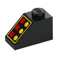 Деталь LEGO Slope 45° 2 x 1 with Bottom pin, with 3 Red Lamps, 3 Yellow Buttons, Yellow Border print (Reissue), Черный