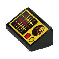 Деталь LEGO Slope 30° 1 x 2 x 2/3 with Yellow Control Panel, Grid with Red Marker, Radar, Buttons print, Черный