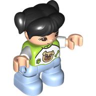 Деталь LEGO Duplo Figure Child with Ponytails and Bangs Black, with Top with White Sleeves, Bright Light Blue Legs, Лайм