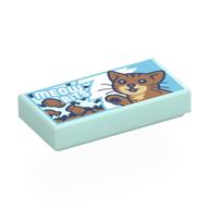 Деталь LEGO Tile 1 x 2 with Cat Food Box, Cat, White 'MEOW BITS' print, Светлый морской волны
