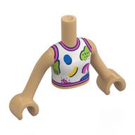 Деталь LEGO Minidoll Torso Girl with Warm Tan Arms and Hands with White Shirt, Dark Pink Trim, Blue/Lime/Yellow Shapes print, Теплый песочный