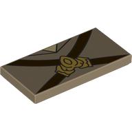 Деталь LEGO Tile 2 x 4 with Chest, Dark Brown Straps, Gold Symbol print, Темно-песочный