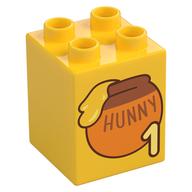 Деталь LEGO Duplo Brick 2 x 2 x 2 with '1', 'HUNNY', Honey Pot print, Желтый