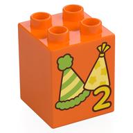 Деталь LEGO Duplo Brick 2 x 2 x 2 with '2', Party Hats print, Оранжевый