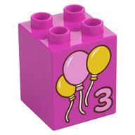 Деталь LEGO Duplo Brick 2 x 2 x 2 with '3', Bright Pink/Yellow Balloons print, Темно-розовый