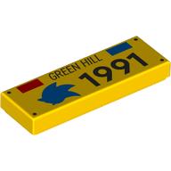 Деталь LEGO Tile 1 x 3 with Red/Blue Triangles, Blue Hedgehog, 'GREEN HILL 1991' print, Желтый