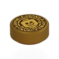 Деталь LEGO Tile Round 1 x 1 with Dark Red Doubloon, Minifig Head print, Жемчужно-золотой
