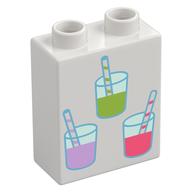 Деталь LEGO Duplo Brick 1 x 2 x 2 with Lime/Lavender/Coral Lemonade Glasses print, Белый