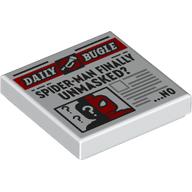 Деталь LEGO Tile 2 x 2 with Newspaper Daily Bugle 'SPIDER-MAN FINALLY UNMASKED?' print, Белый