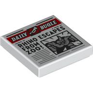 Деталь LEGO Tile 2 x 2 with Newspaper Daily Bugle 'RHINO ESCAPES FROM ZOO!' print, Белый