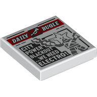 Деталь LEGO Tile 2 x 2 with Newspaper Daily Bugle 'CITY POWER BLACKOUT WE NEED ELECTRO!' print, Белый