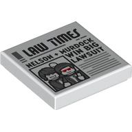 Деталь LEGO Tile 2 x 2 with Newspaper Law Times 'NELSON + MURDOCK WIN BIG LAWSUIT' print, Белый