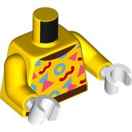 Деталь LEGO Torso, Reddish Brown Belt, Collar, Red/Bright Light Blue/Coral Shapes print, Yellow Arms, White Hands, Желтый